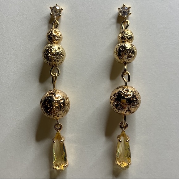 Sheer Yellow Teardrop Faceted Drop Dangle w Gold Semi Precious Lava Bead on CZ - Picture 5 of 16